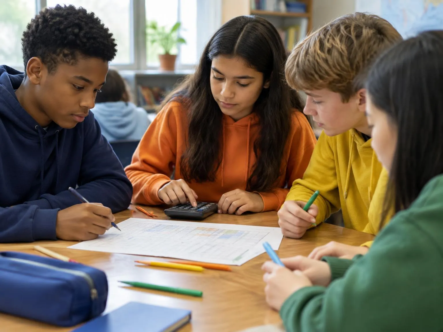 Middle school students at a classroom table working on a budget worksheet with a calculator