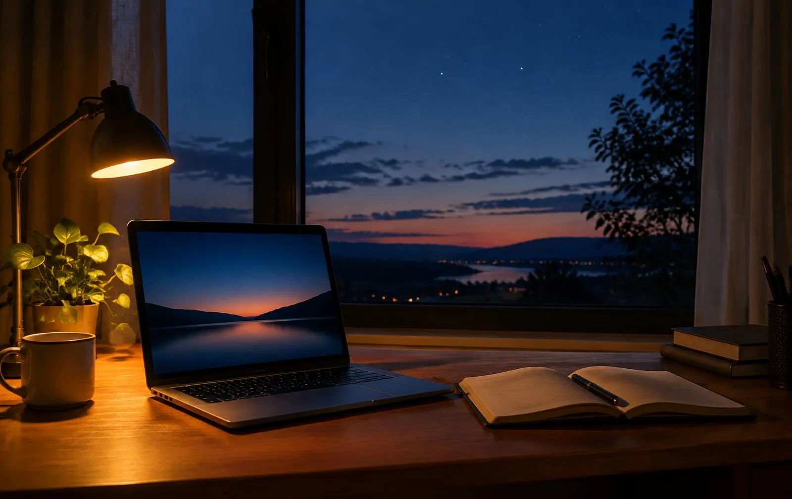Evening desk with a laptop and notebook under a deep blue dusk sky