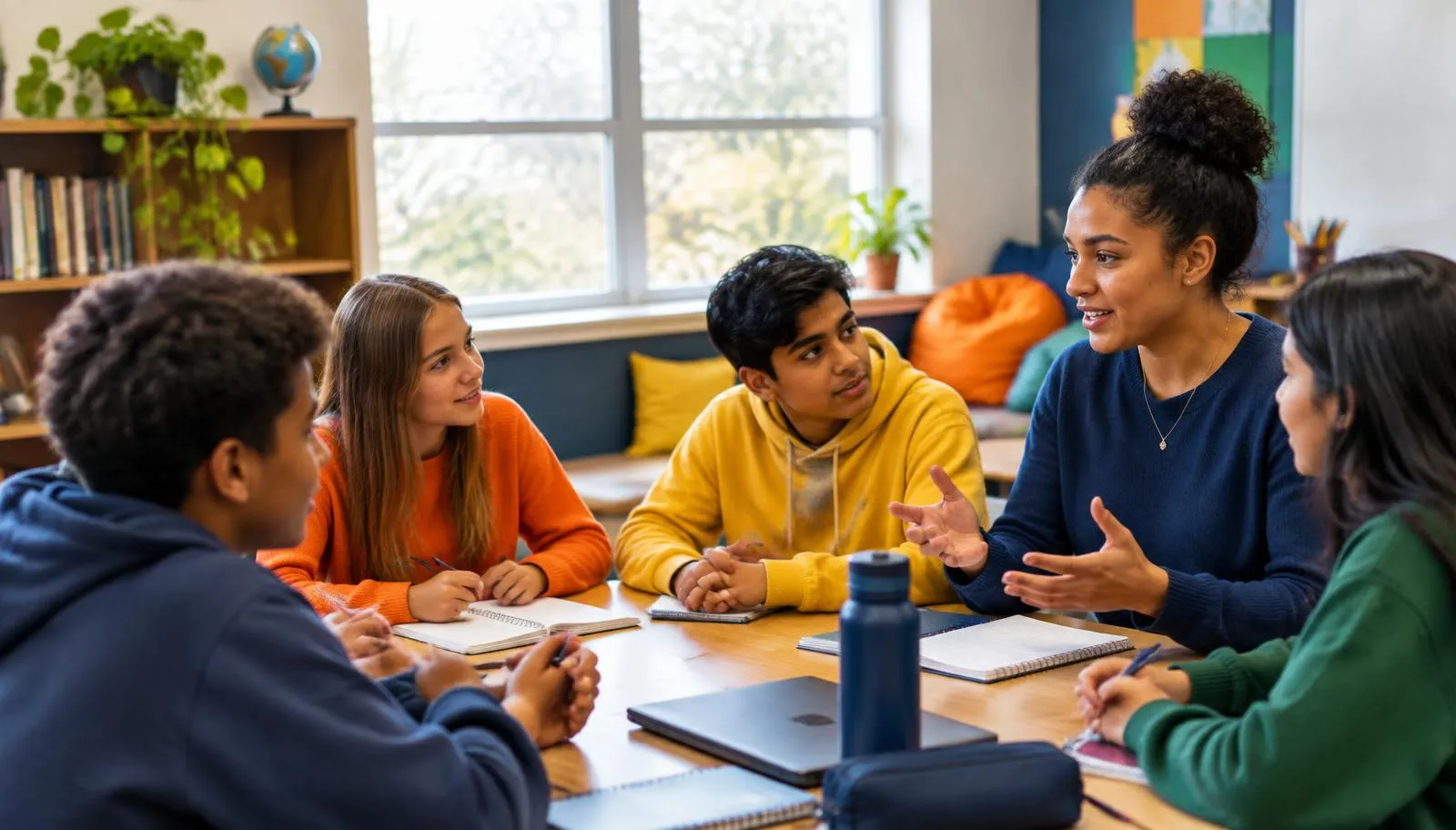 Mentor and middle school students in an energetic classroom discussion