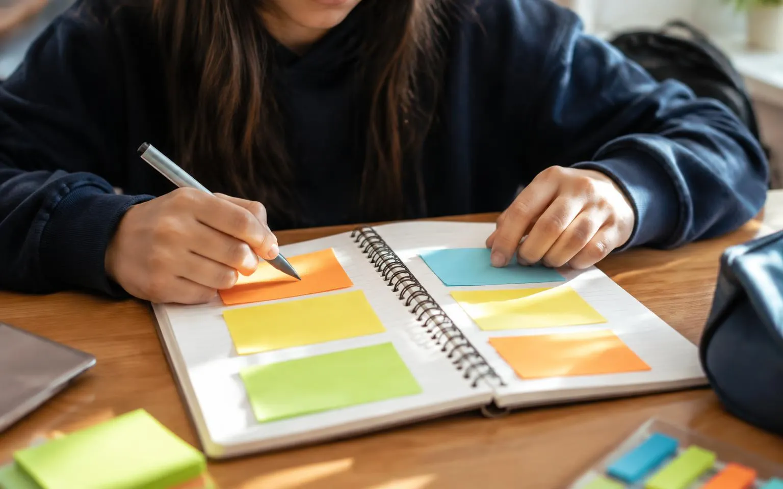 Close-up of a student planning in a notebook with colored sticky notes