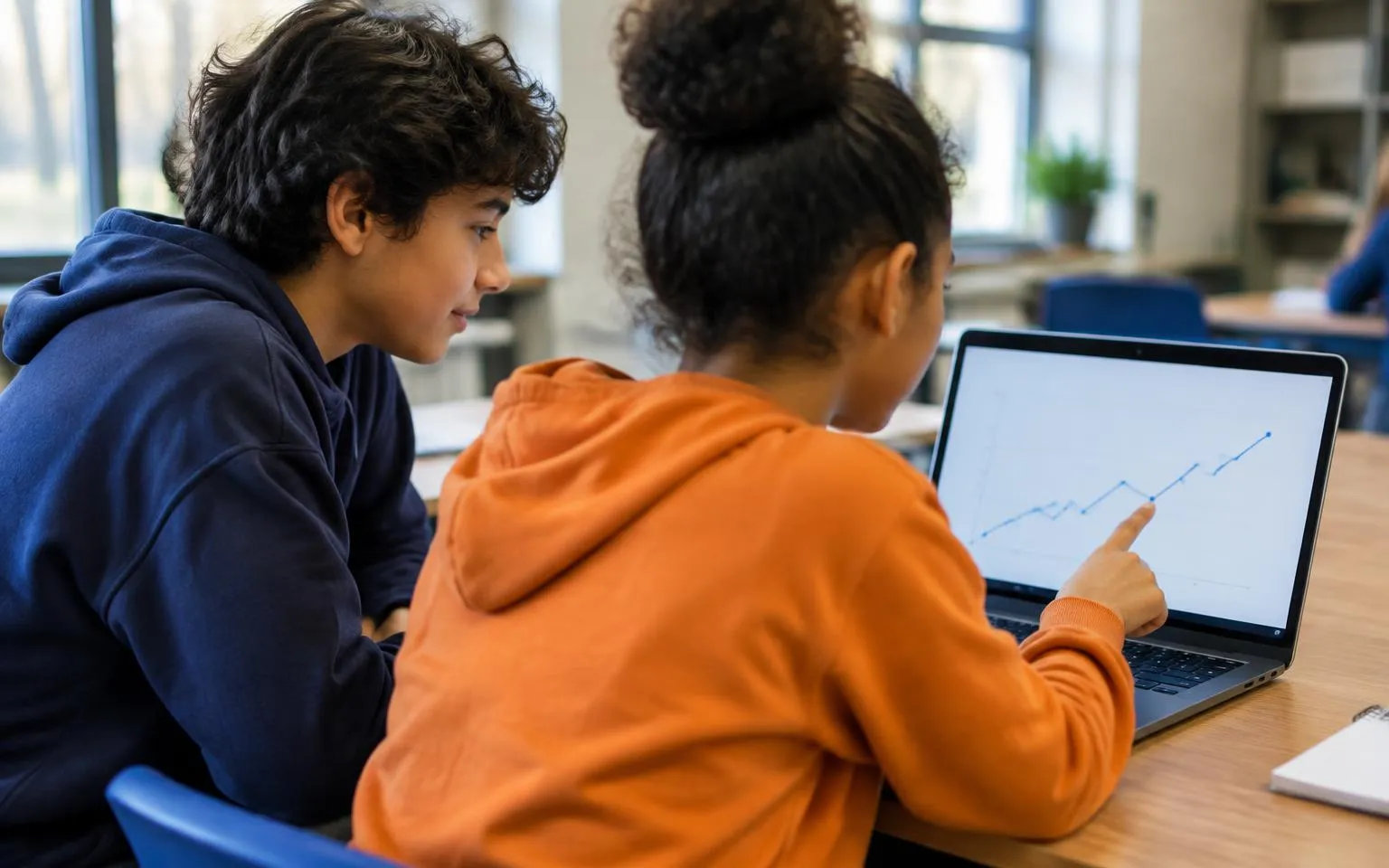 Two students looking at a laptop showing a simple rising line chart