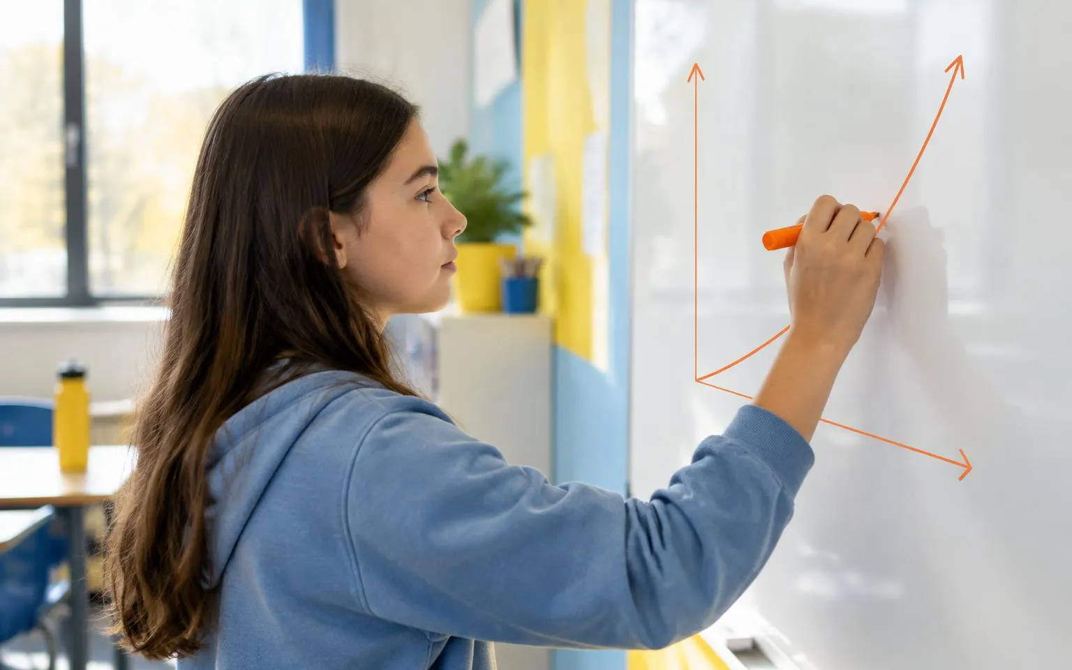 Student drawing a long upward growth curve on a whiteboard