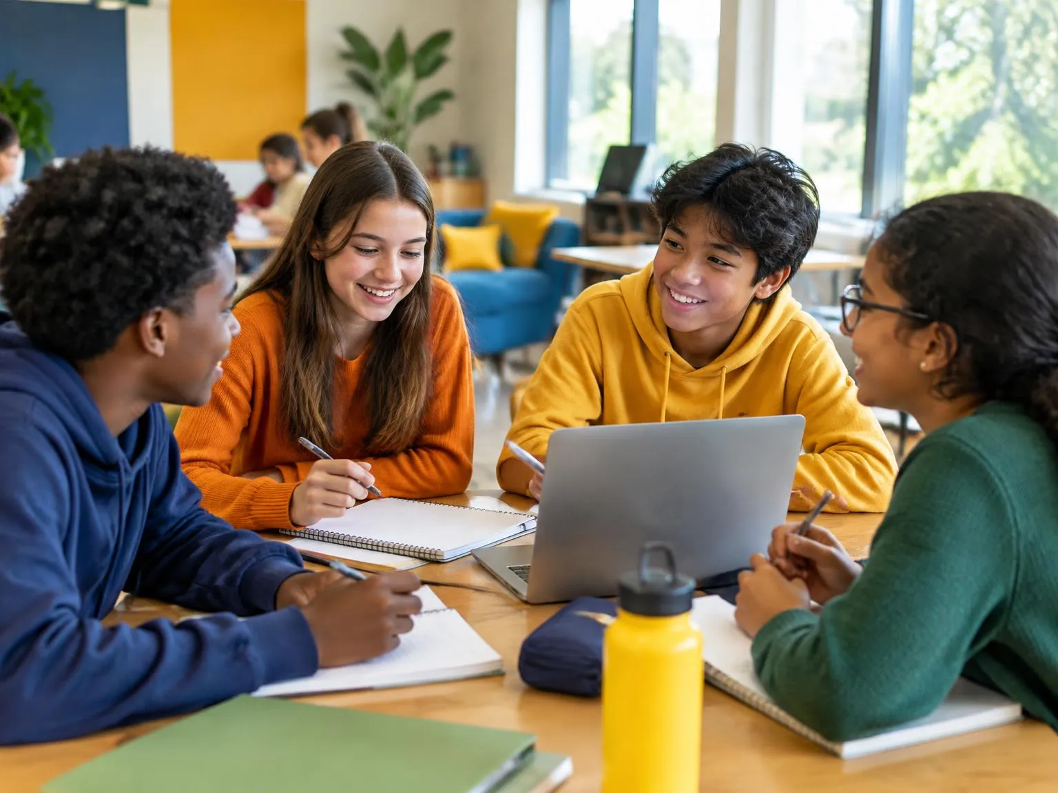 Students collaborating at a community center table