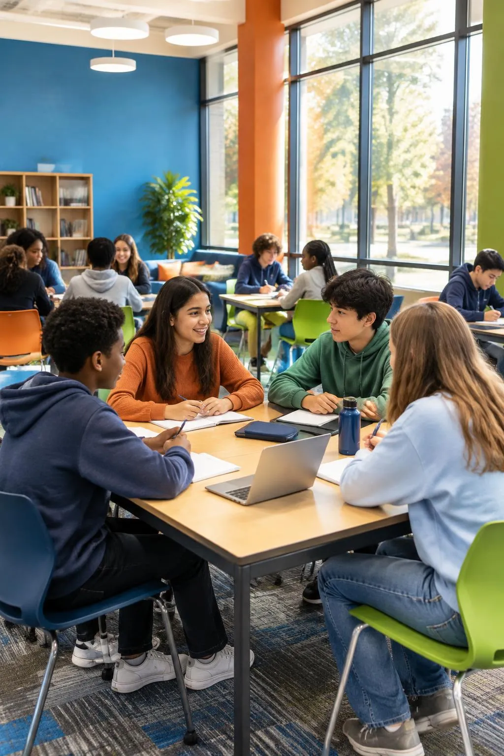 Bright community center learning room with students seated at tables