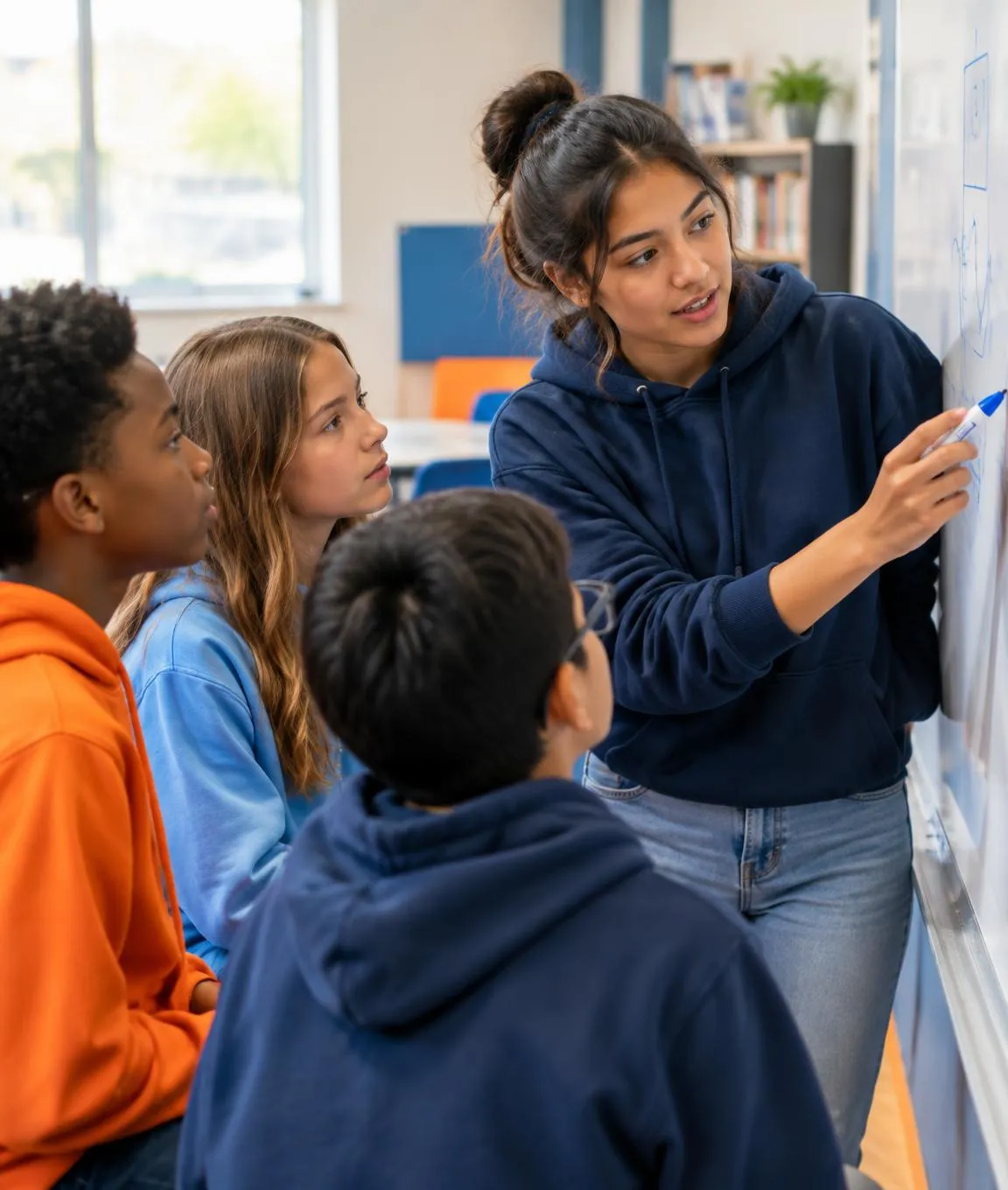Young mentor explaining a concept to middle schoolers at a whiteboard