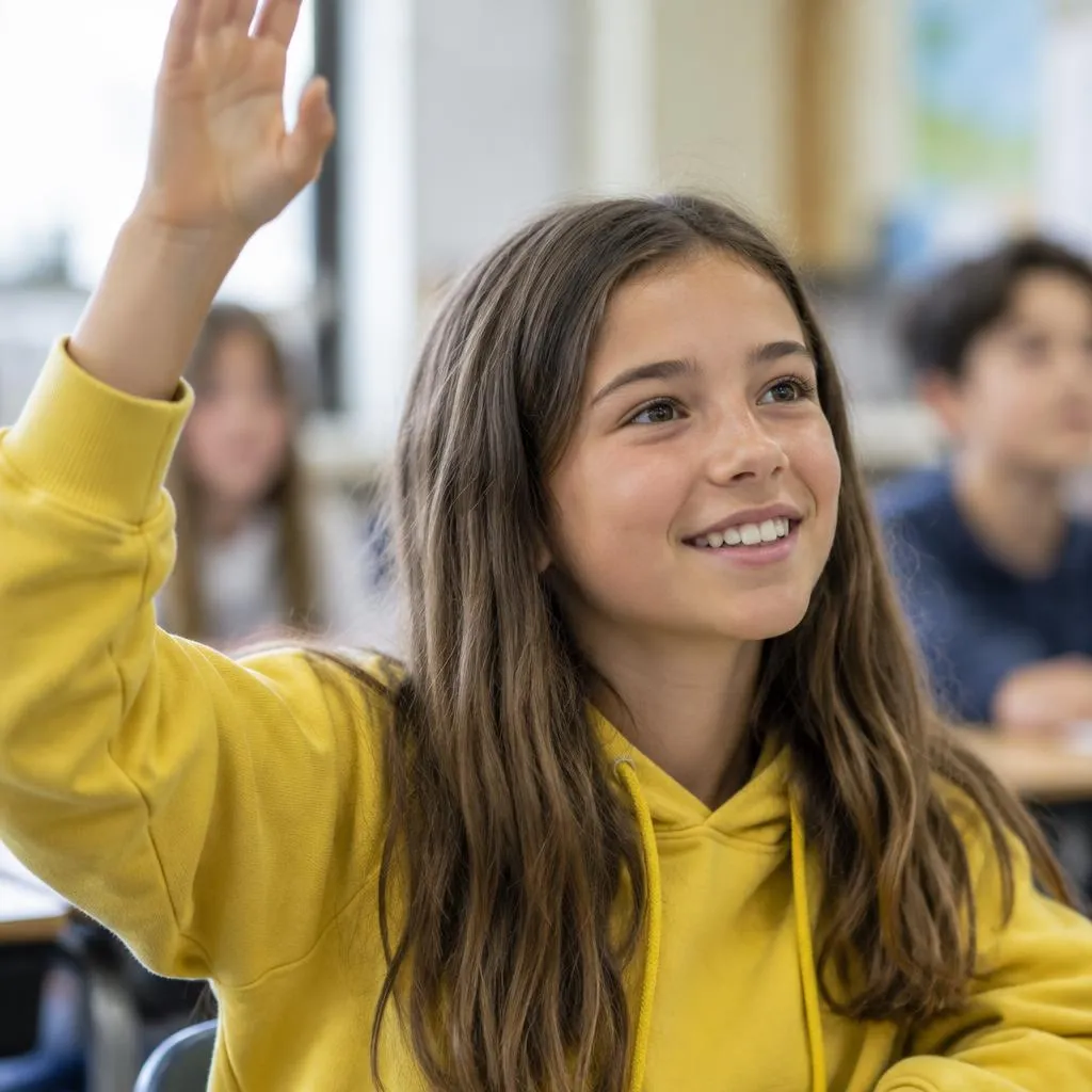 Smiling student raising a hand in class