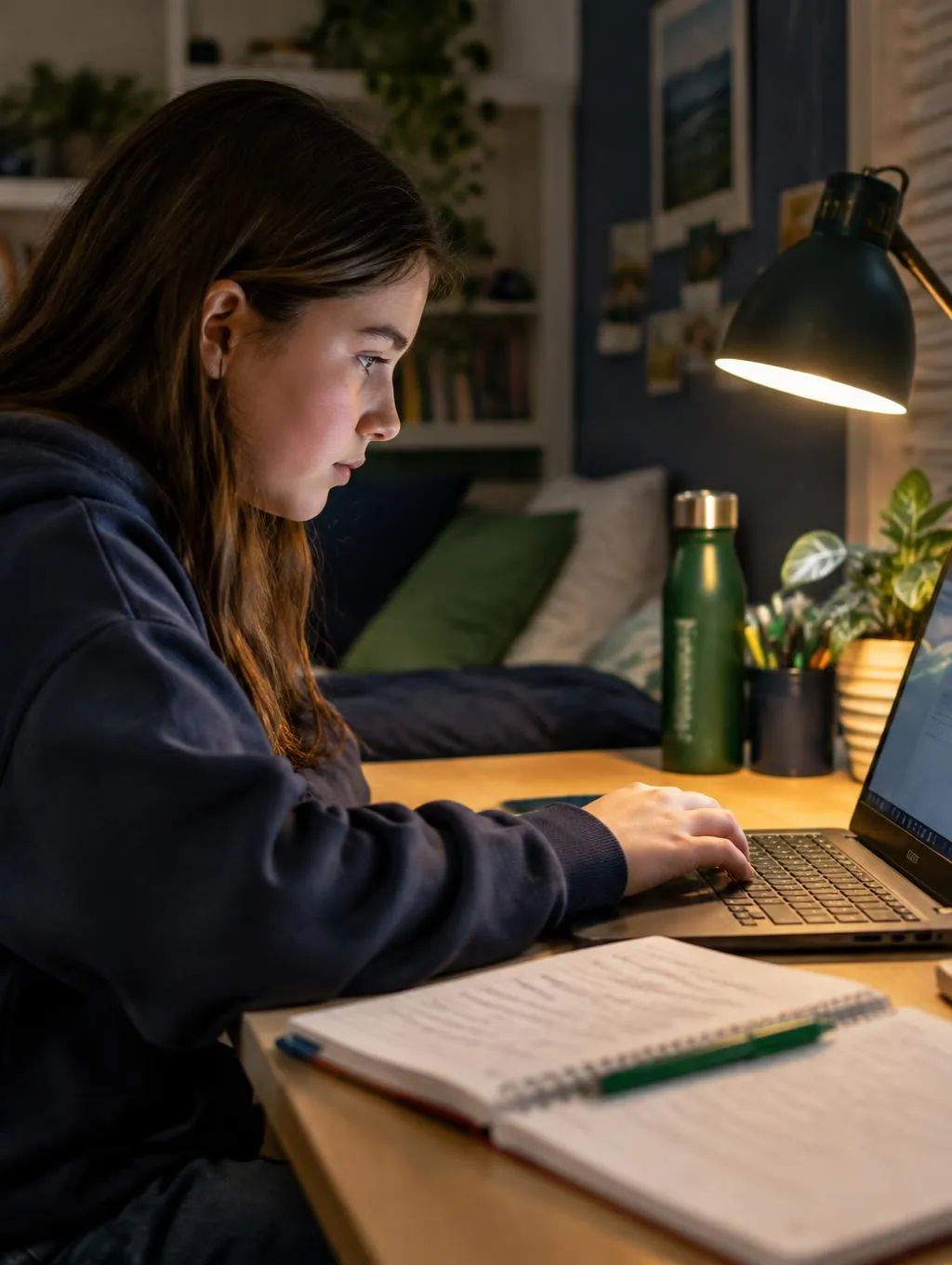 Student studying on a laptop at home with a desk lamp and an open notebook